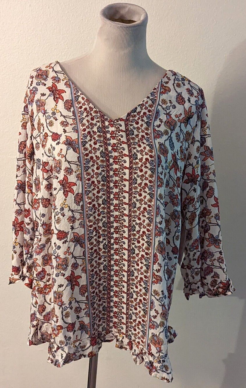 New Live & Let Live sz XL Blouse floral v-neck 3/4 flare ruffle sleeves 3447